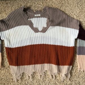Miracle Women's V-Neck Striped Sweater - Brown, White, Cream